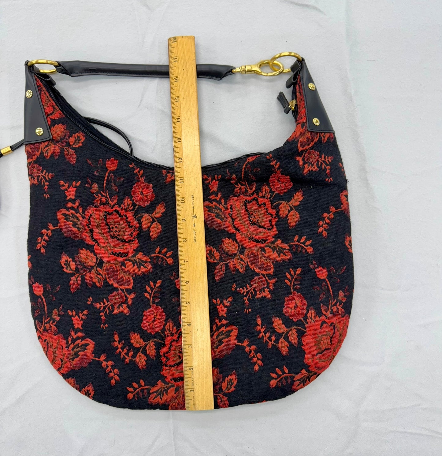 Black & Red Floral Purse with Matching Pouch – Secondhand Bag for Upcycling or Everyday Use