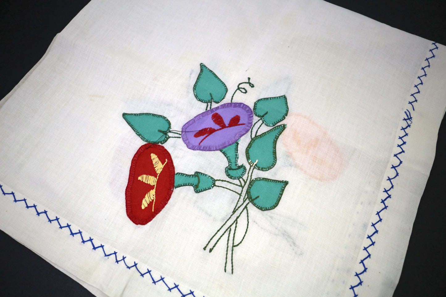 Vintage Applique Flower Tablecloth 13.5" x 32.5"