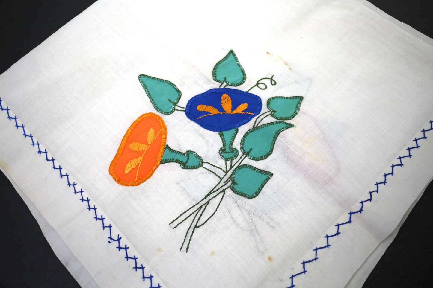 Vintage Applique Flower Tablecloth 13.5" x 32.5"