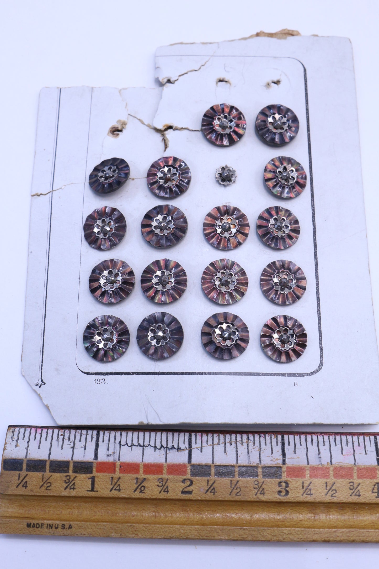 Vintage Metal Buttons Red Flowers or Scales on Buttons