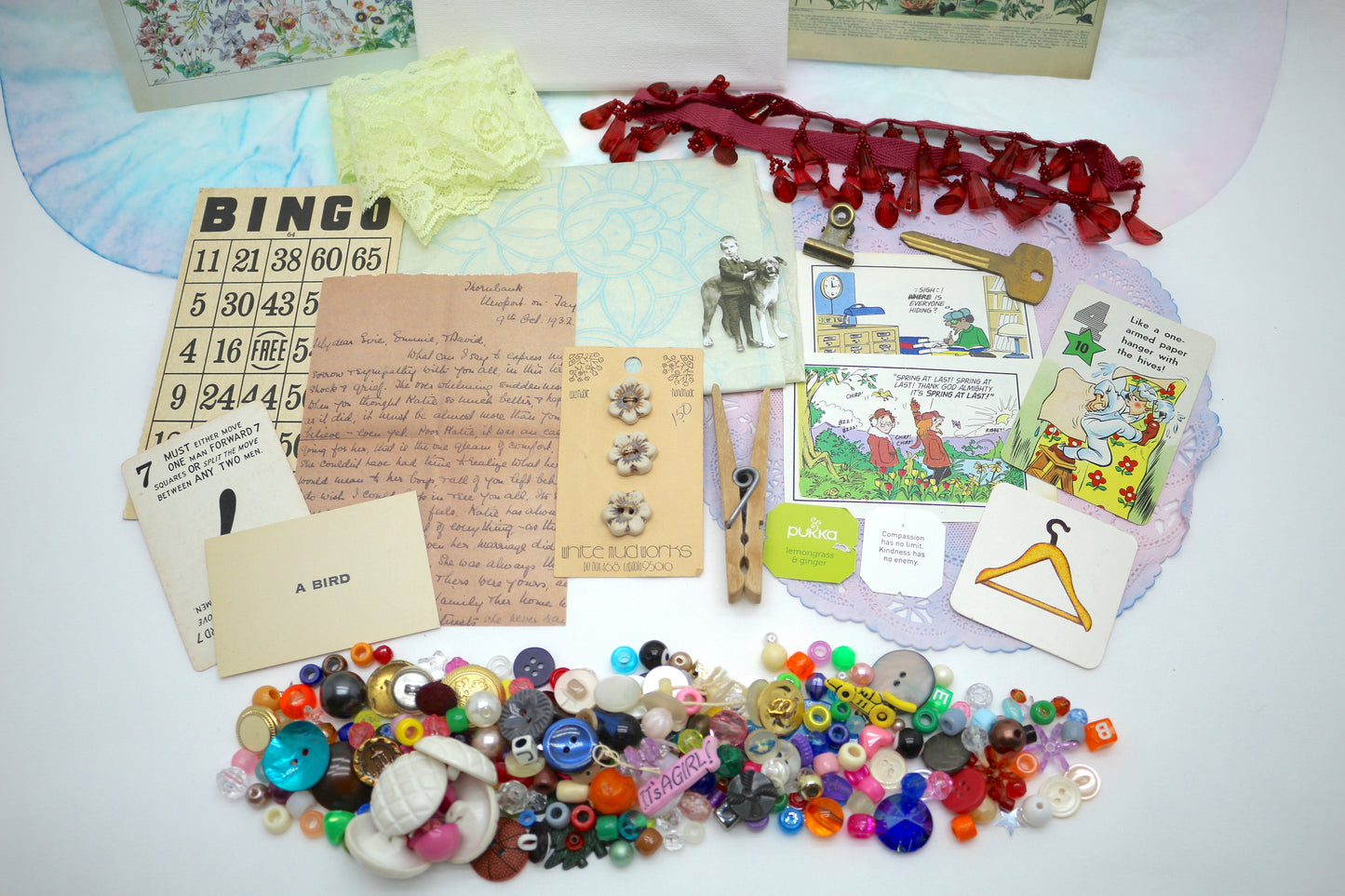 Curated Collage Kit Reef Flowers, Mixed Media, Art Supplies, Destash , paper, vintage, each bag unique curated ephemera