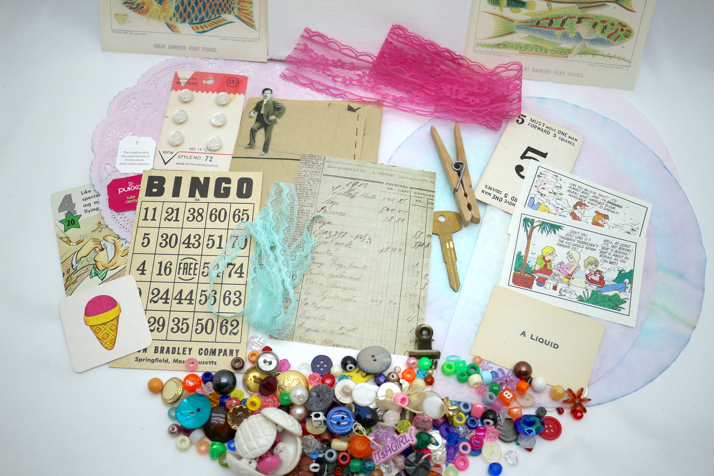 Curated Collage Kit Coral Reef Fish, Mixed Media, Art Supplies, Destash , paper, vintage, each bag unique curated ephemera