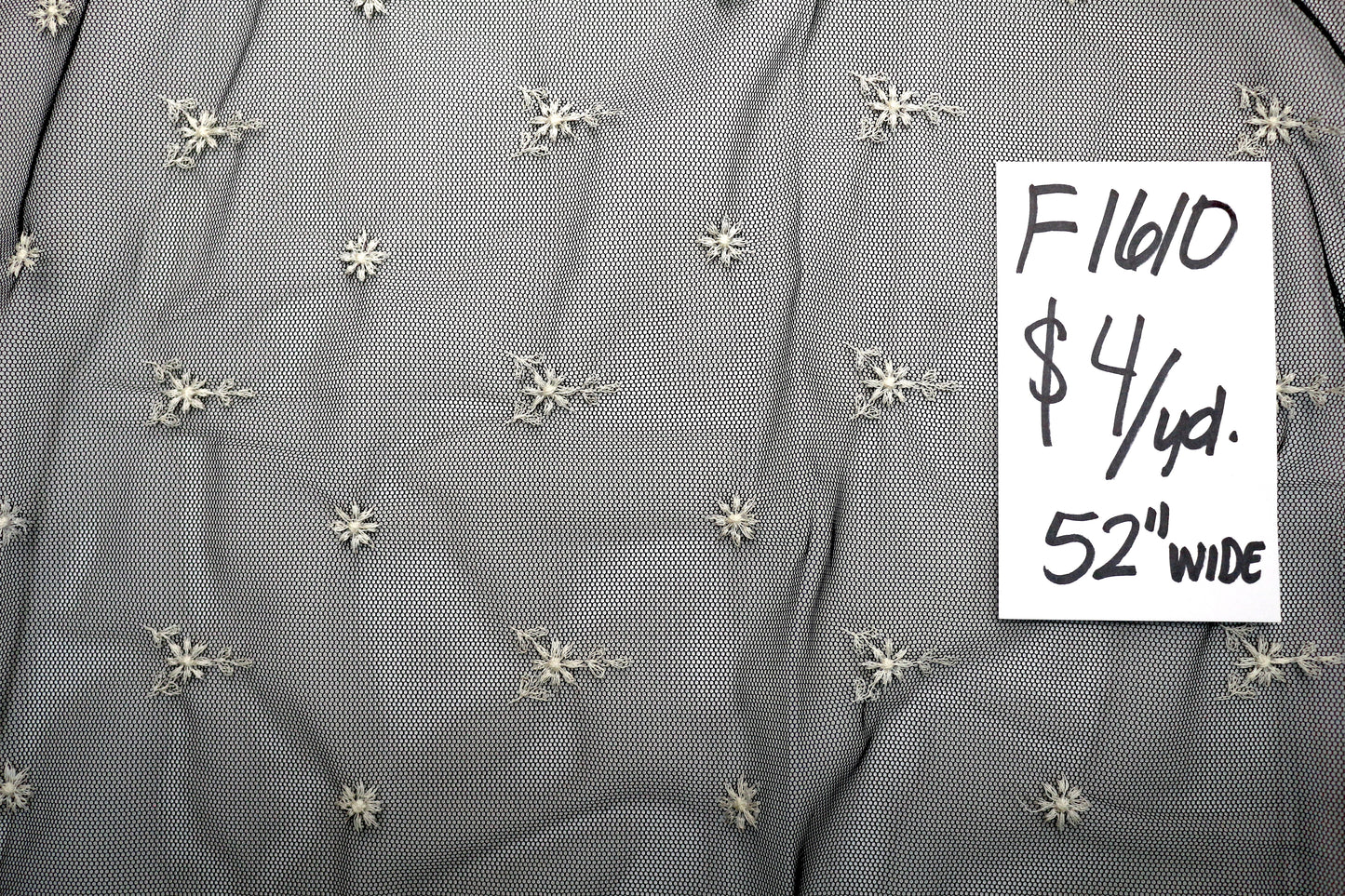 Black Tulle Fabric with White Embroidered Flowers 52" x 8 yds
