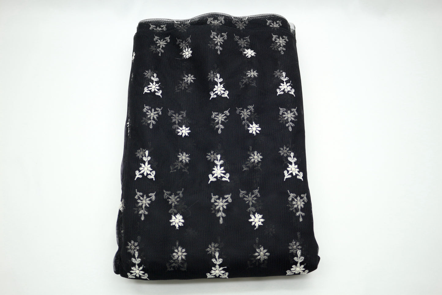 Black Tulle Fabric with White Embroidered Flowers 52" x 5 yds