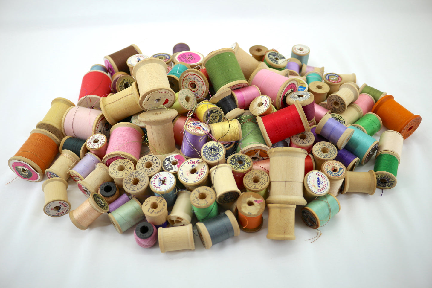 Charming Wooden Spools, Lot of 12 Vintage Empty Wood Wooden Thread Spools Various Sizes With/Without Labels, Various Styles and Shapes