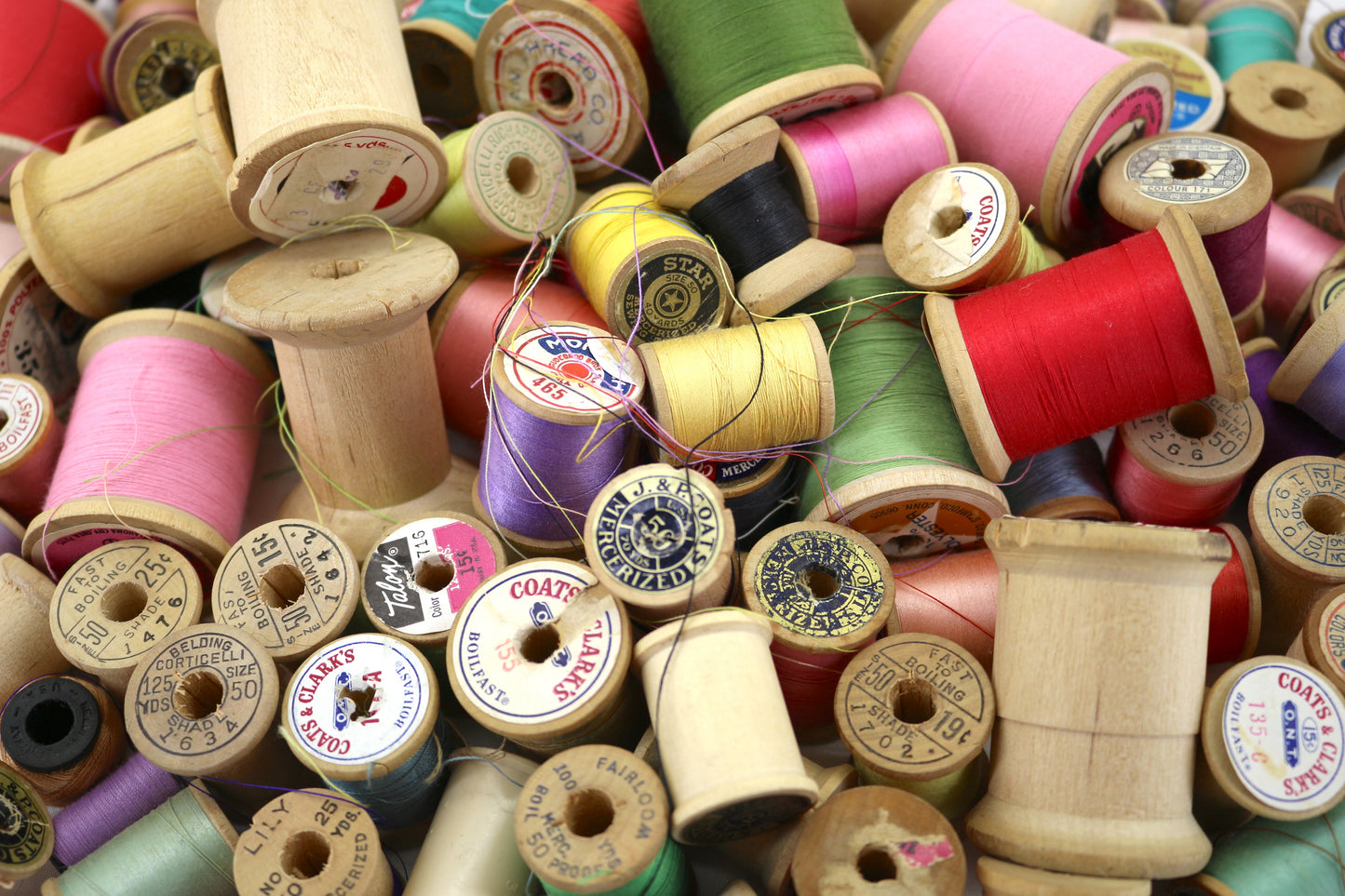 Charming Wooden Spools, Lot of 12 Vintage Empty Wood Wooden Thread Spools Various Sizes With/Without Labels, Various Styles and Shapes