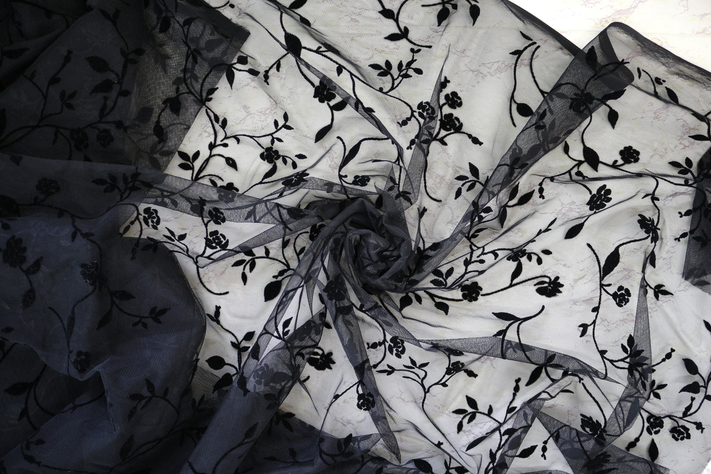 1.75 yds Black Tulle Fabric with Leaves