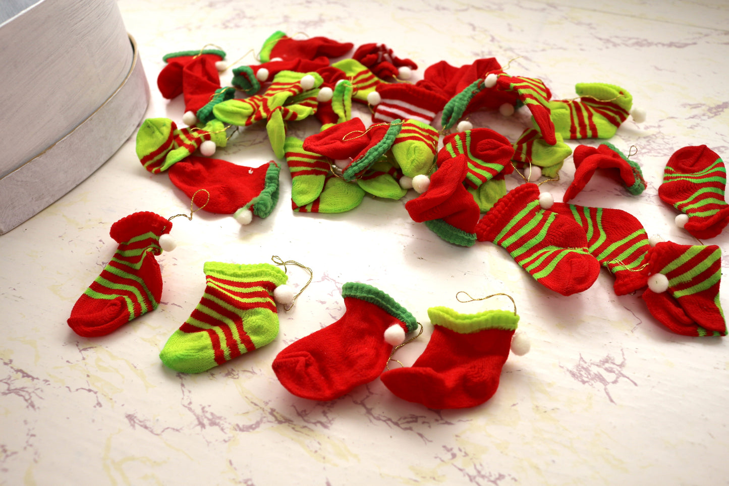Tiny Christmas Sock Ornaments in Heart-Shaped Container