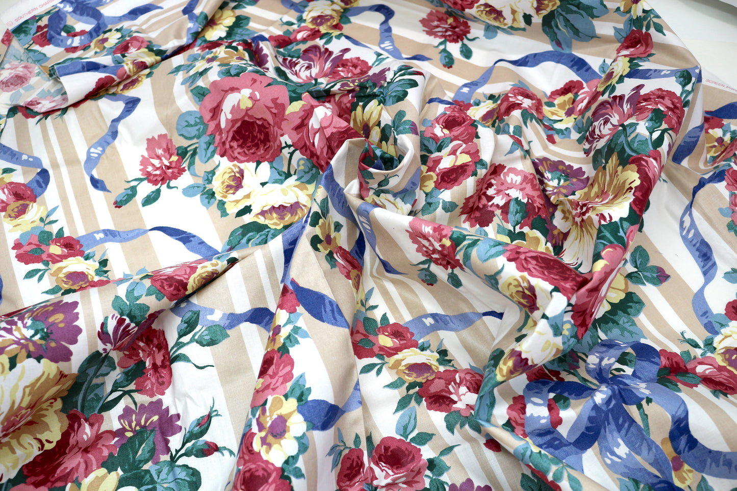 Vintage Waverly Floral Stripe Fabric – 1 Yard x 44”