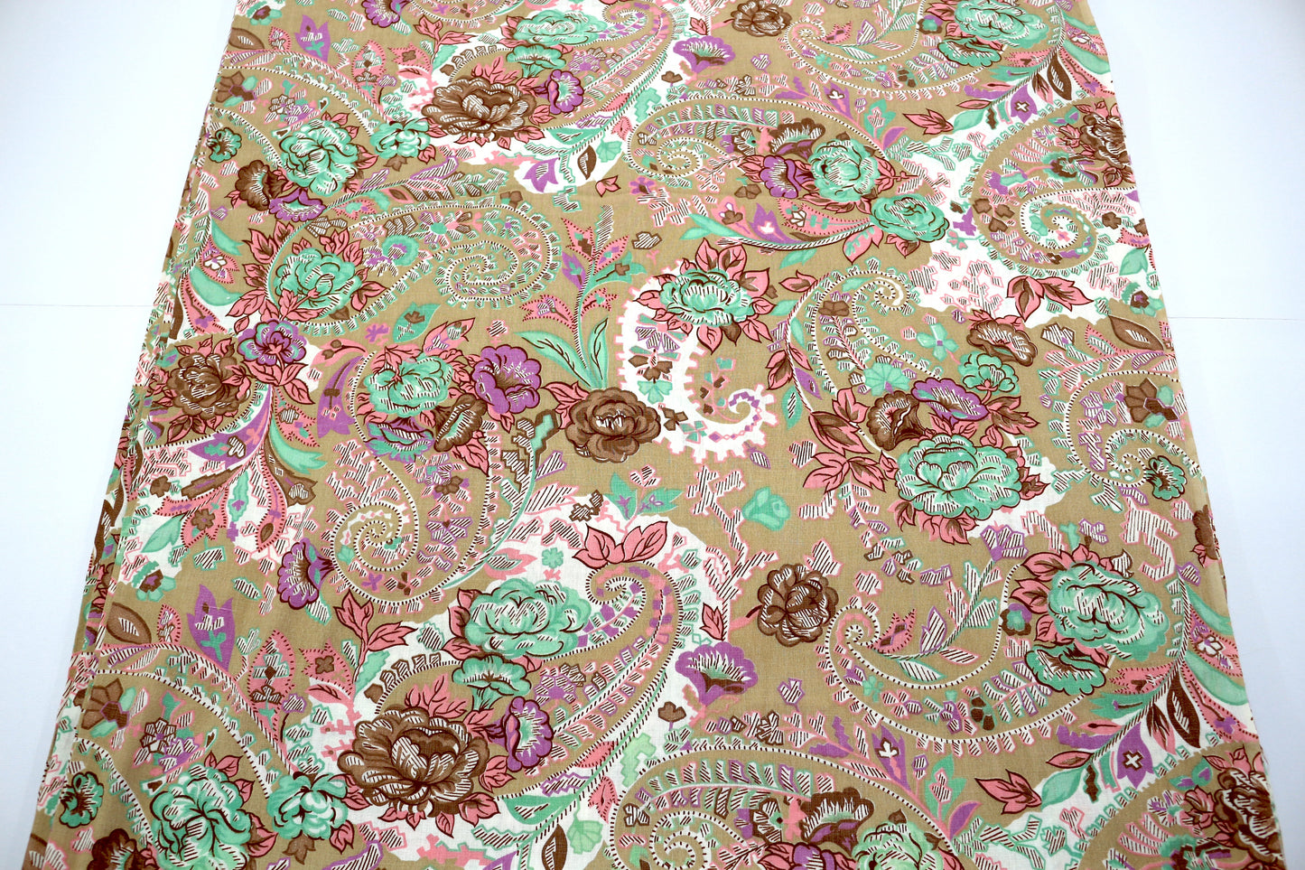 Brown Cotton Fabric with Teal & Pink Floral Motif – 44" x 2.25 Yards
