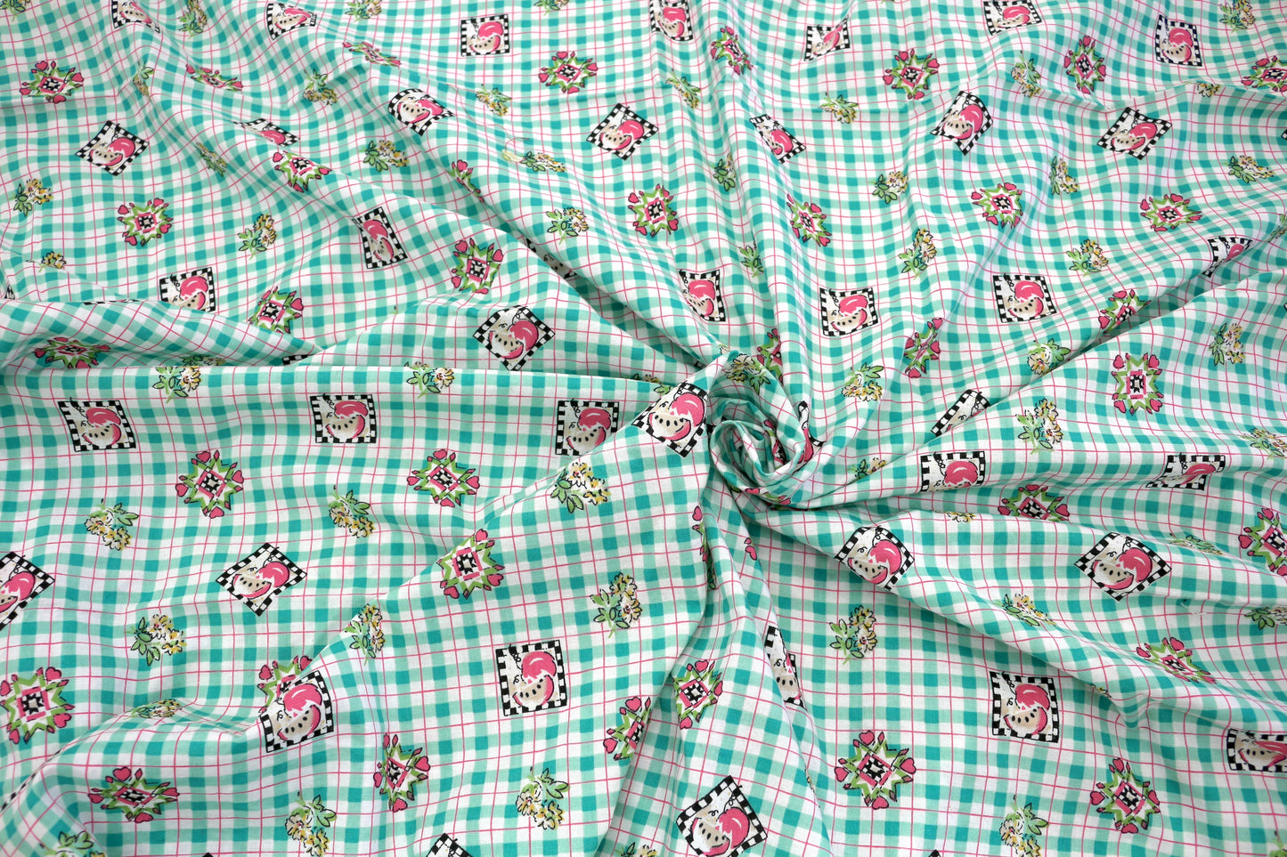 Teal Check Cotton Fabric with Tiny Motif – Summer Vibes – 44"x 1.75 yds