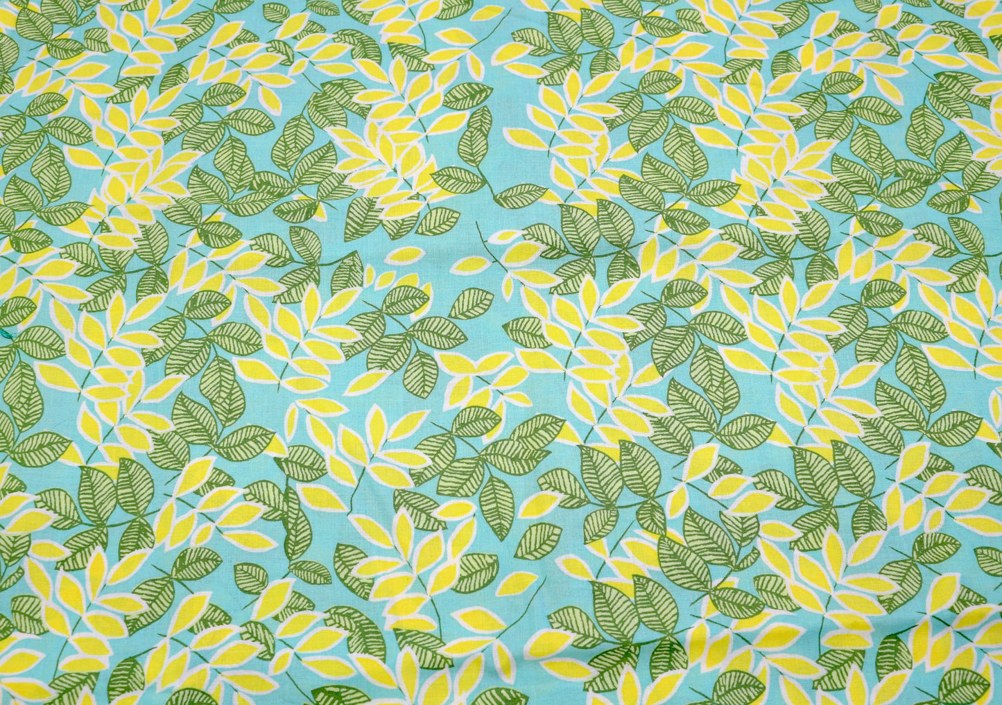 Leafy Cotton Fabric – Yellow & Green Leaves with Blue Sky – 44" x 1.5 yds