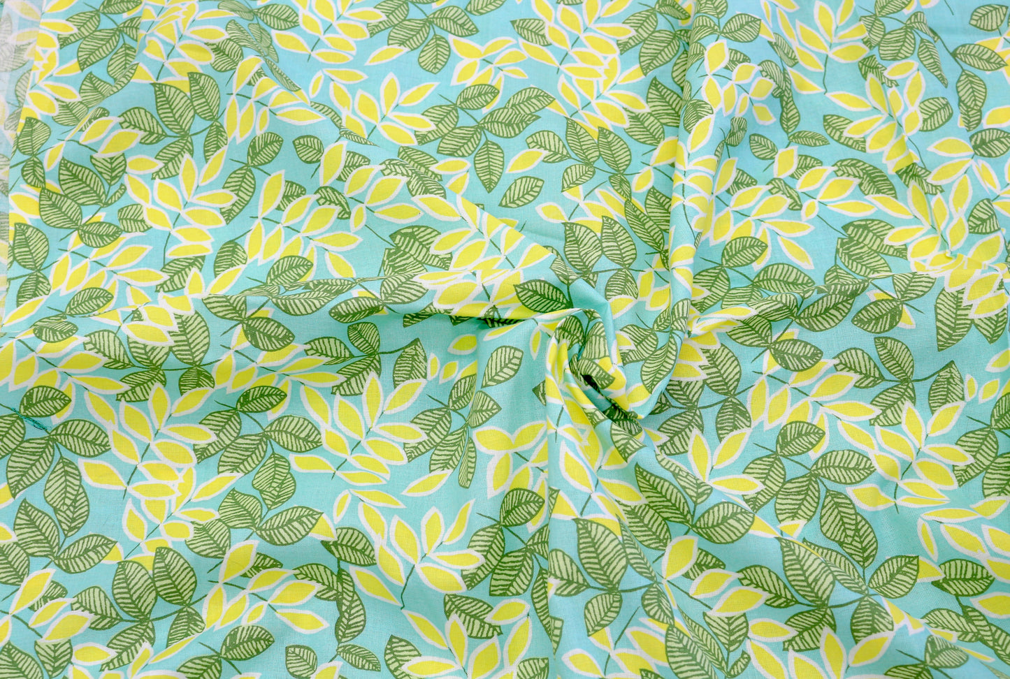 Leafy Cotton Fabric – Yellow & Green Leaves with Blue Sky – 44" x 1.5 yds