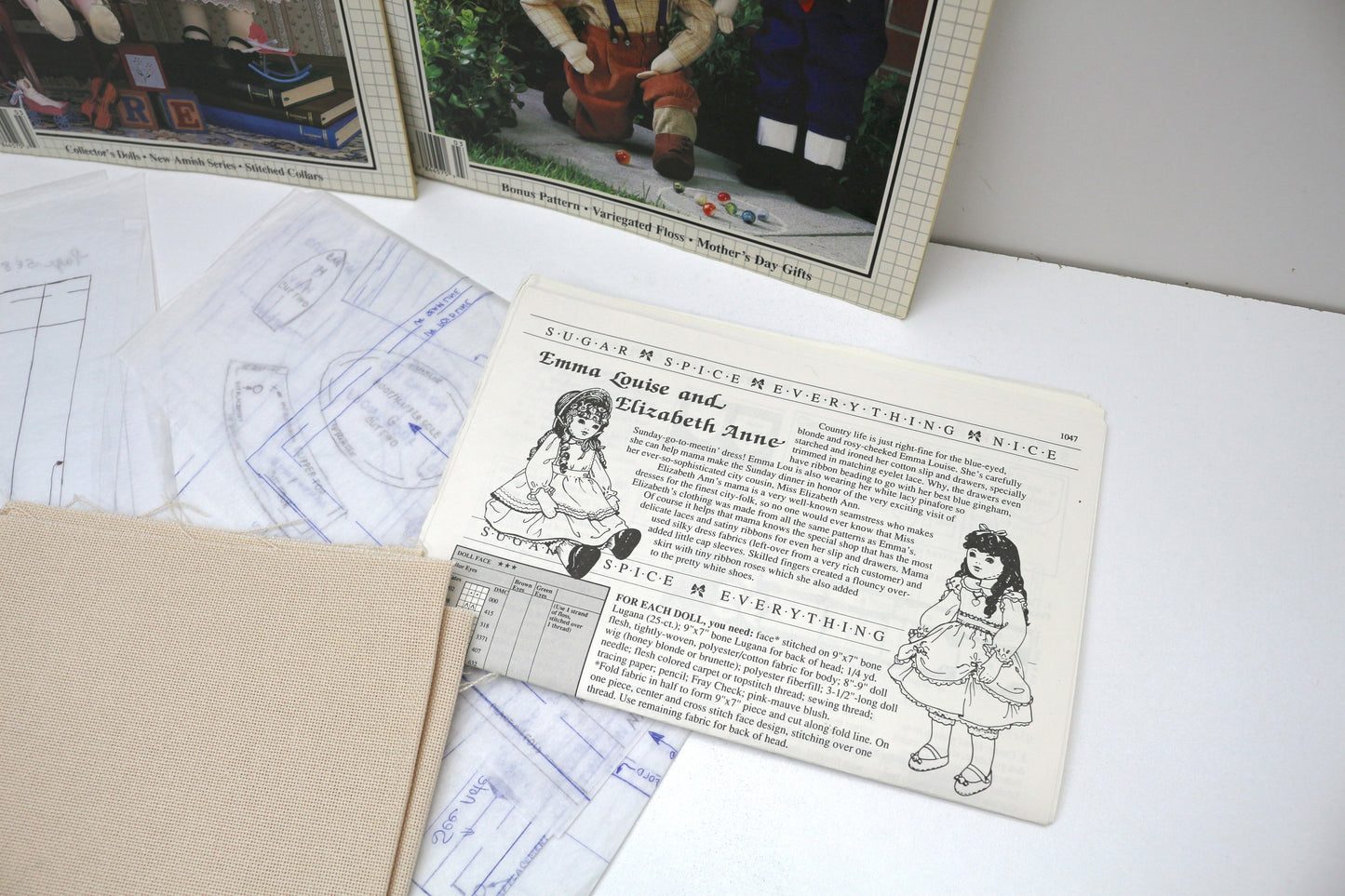 🧵 Cross Stitch & Doll Pattern Bundle – Magazines, Patterns & Fabric
