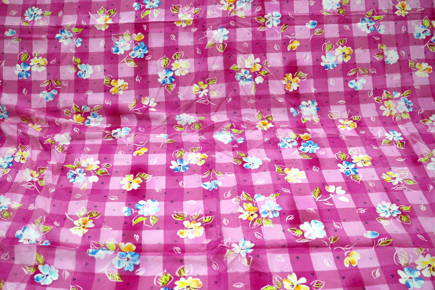 Pink Floral Gingham Rayon Blend Fabric – 46" x 2.5 Yards