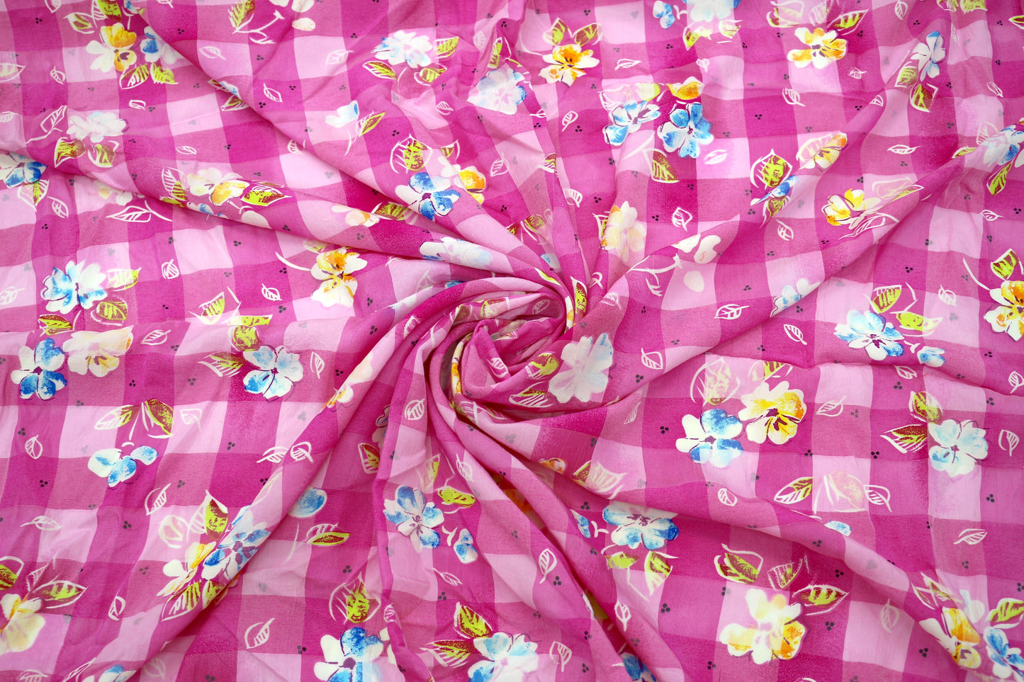 Pink Floral Gingham Rayon Blend Fabric – 46" x 2.5 Yards