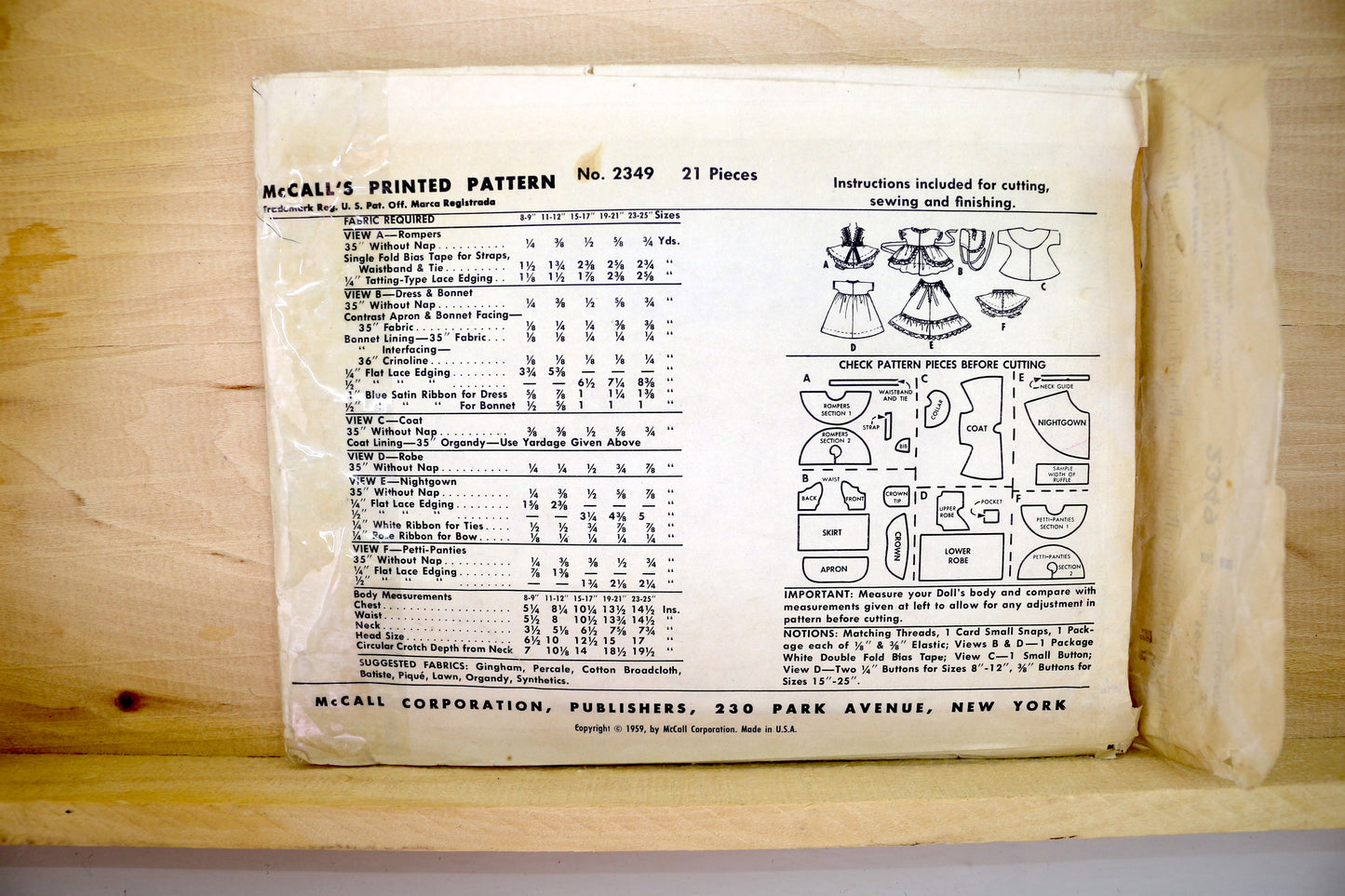 🪡 Vintage Doll Clothes Sewing Pattern McCalls 2349 19"-21"