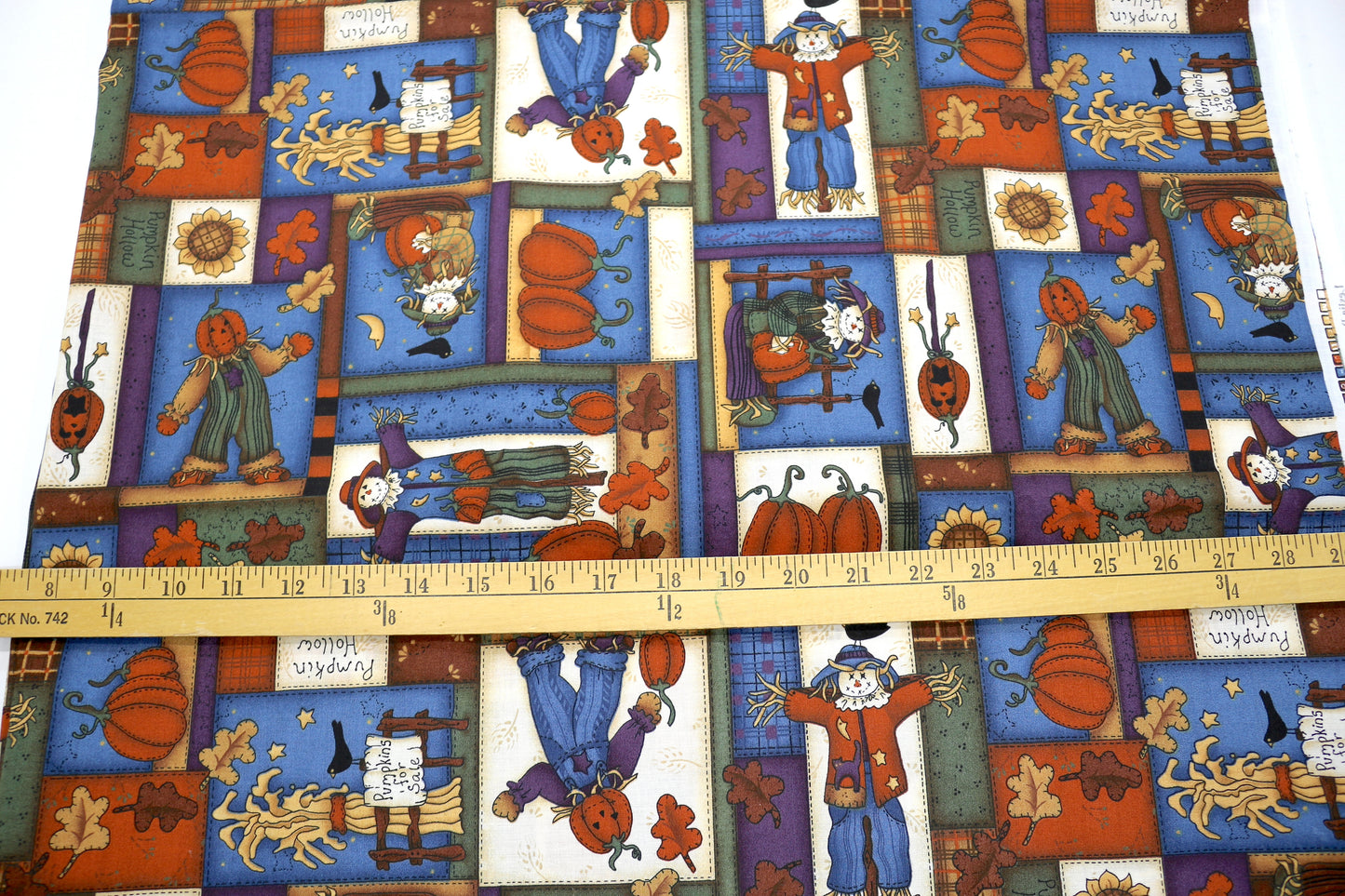 Autumn Scarecrow Cotton Fabric – 44" x 3 Yards | Fall Patchwork Print
