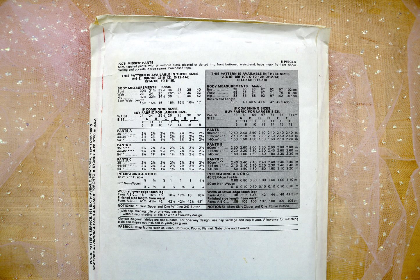 Vogue 7275 Misses Pants Sewing Pattern 12-14
