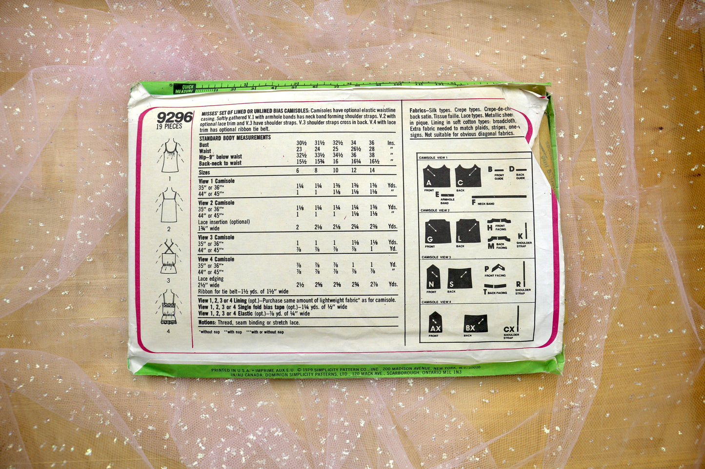 Simplicity 9296 Misses' Set of Lined or Unlined Bias Camisoles Sewing Pattern Large 6-14