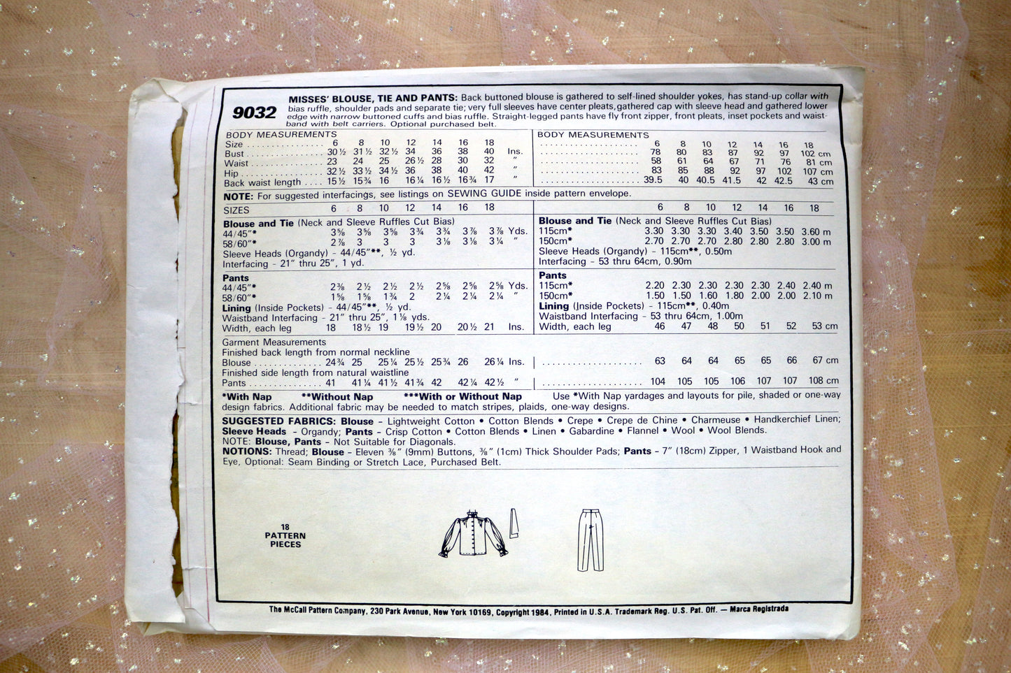 McCalls 9032 Misses' Blouse, Tie and Pants Sewing Pattern 6-18