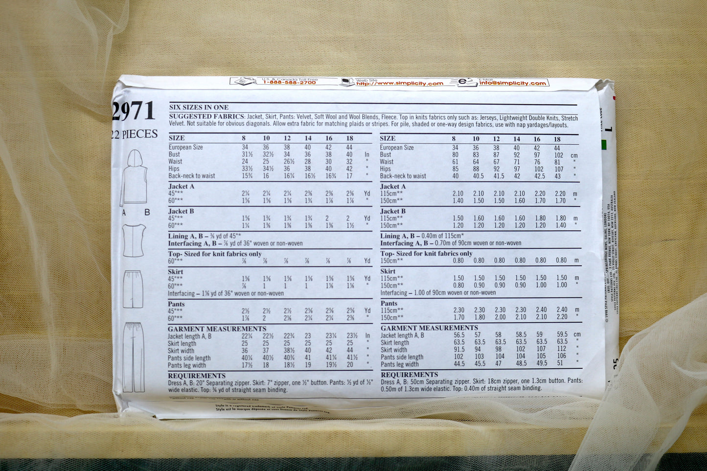 Style 2971 Misses Jacket, Pants and Skirt Sewing Pattern size- 8-18