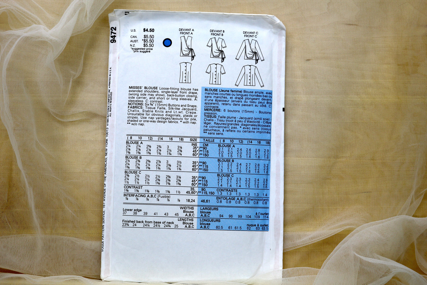 Vogue 9472 Misses Top, Blouse Sewing Pattern size- 14-16