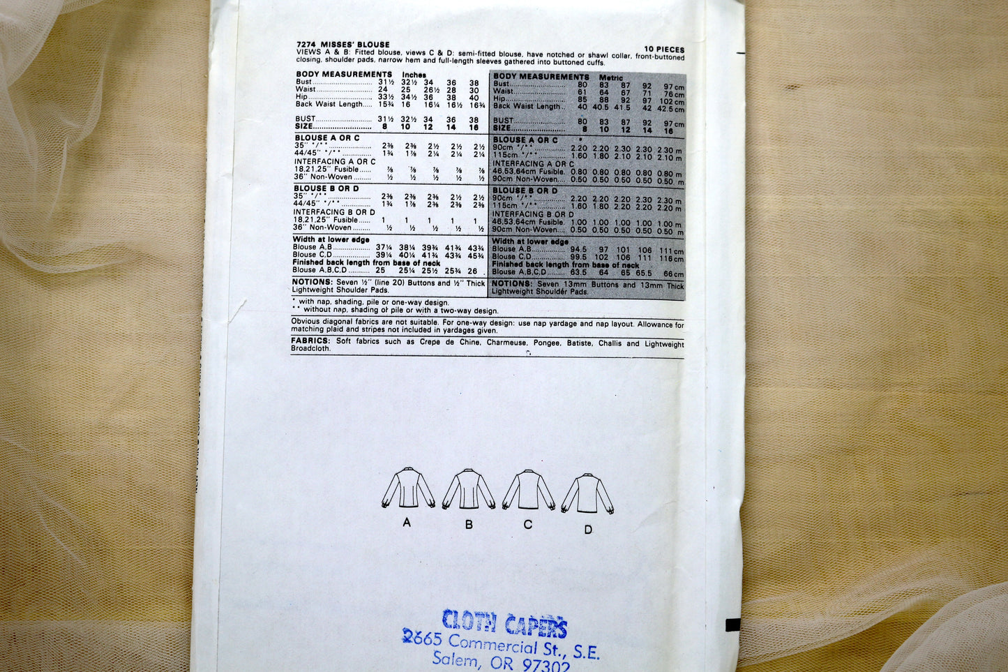 Vogue 7274 Misses Top, Blouse Sewing Pattern size- 12