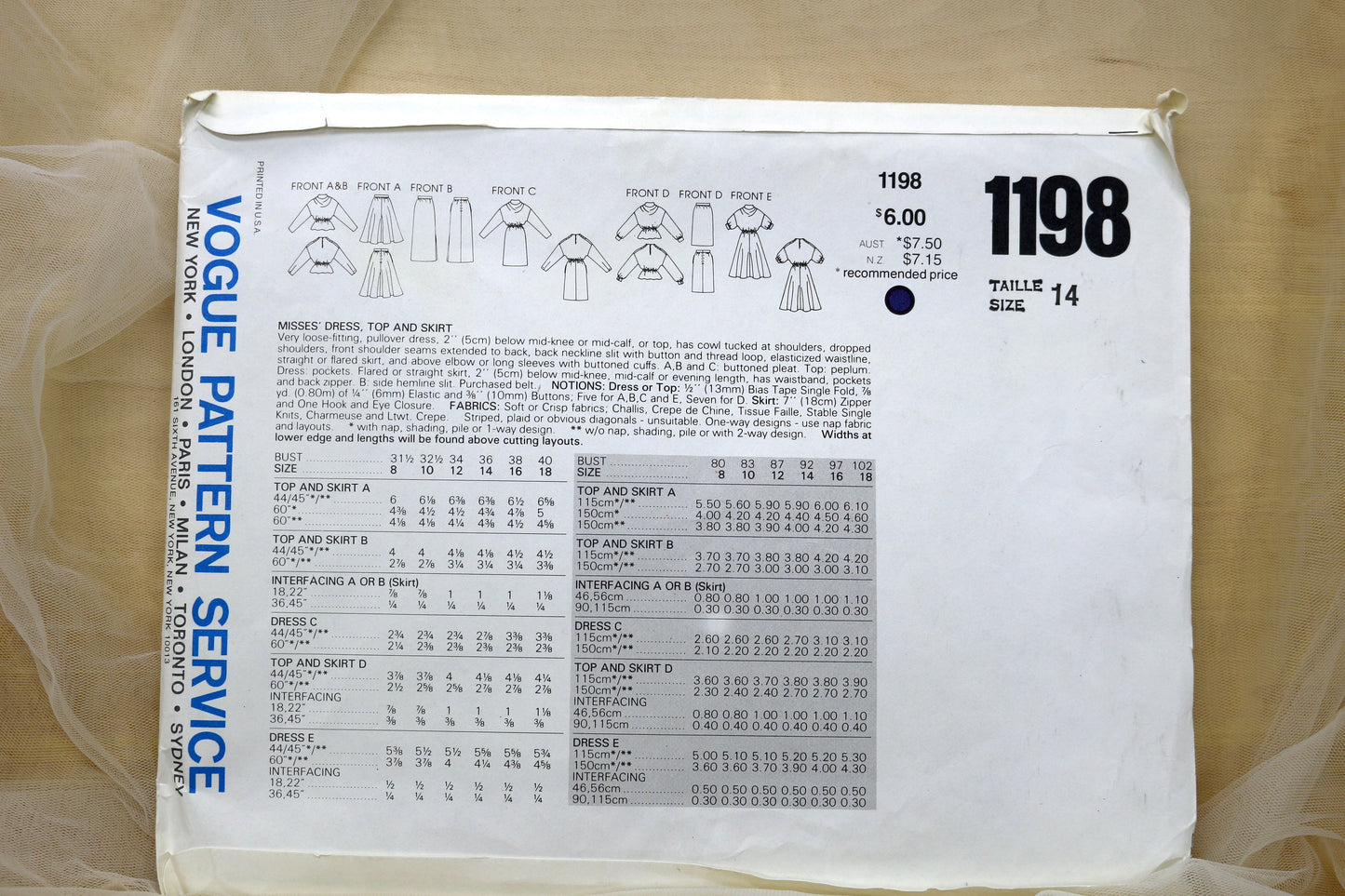 Vogue 1198 Misses Dress, Top & Skirt Sewing Pattern size 8-18