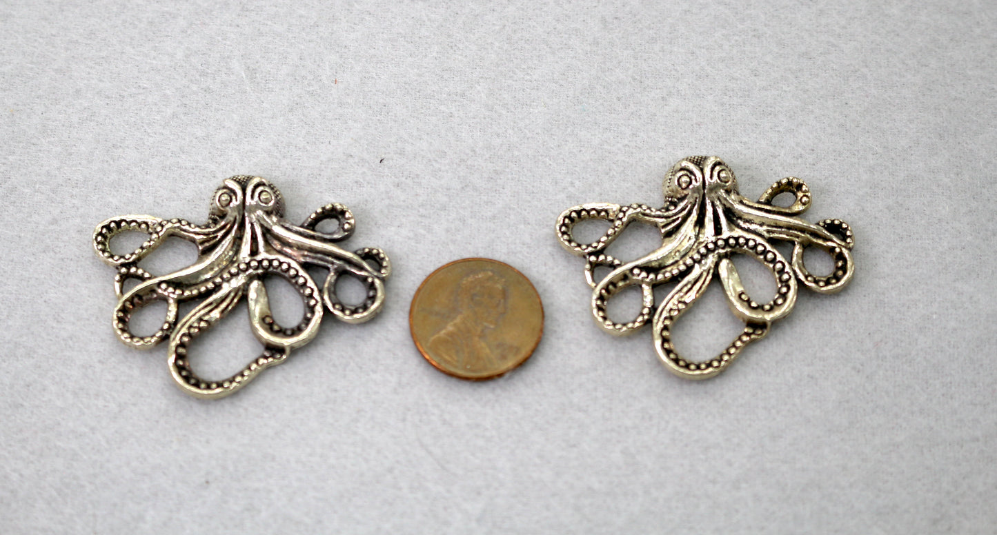 Octopus Charms Set of 2 | Silver Tone Ocean Pendants | Jewelry Making Supplies