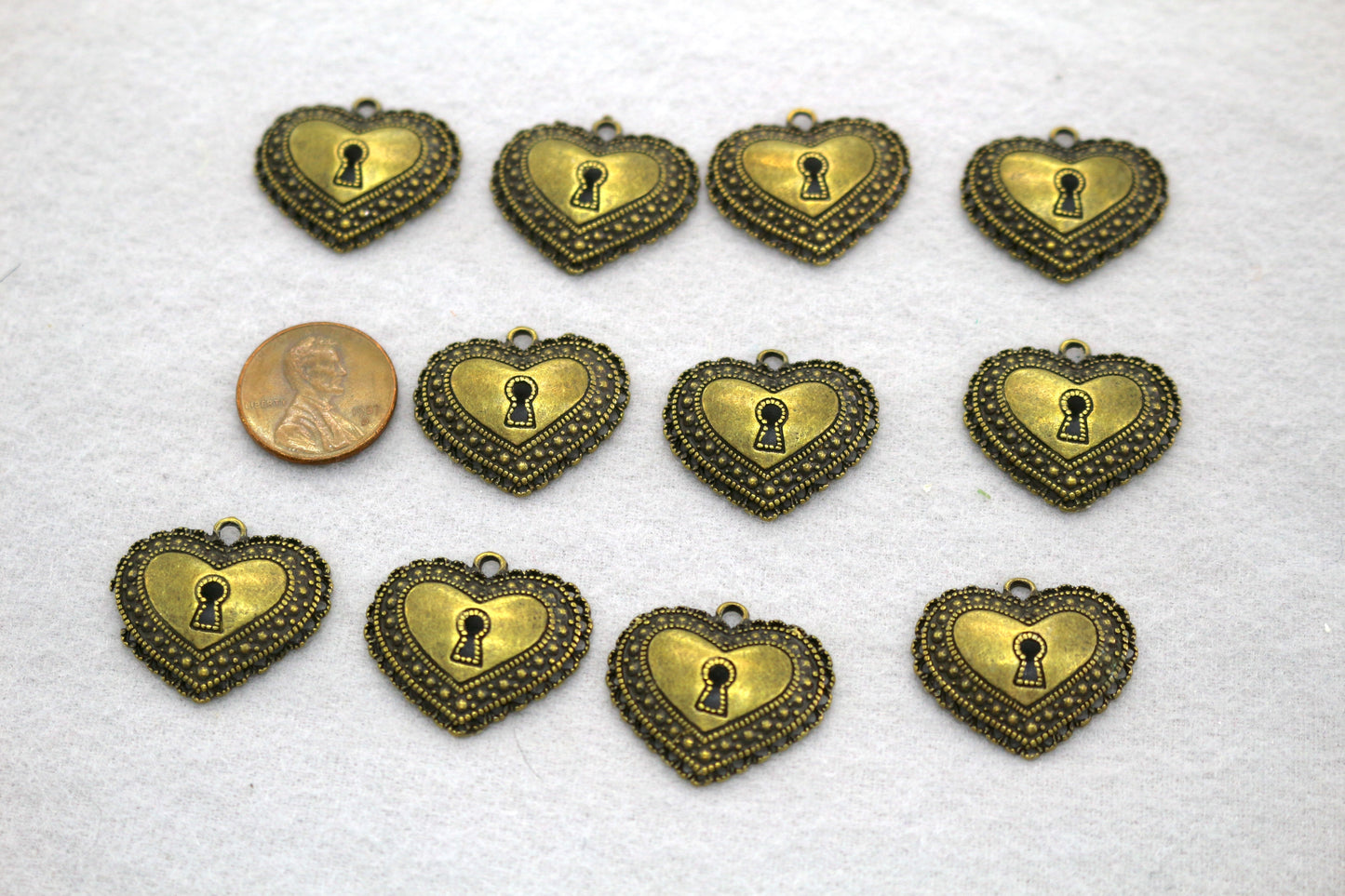 Antique Brass Heart Lock Charms | Keyhole Pendants | Vintage Style Jewelry Supplies