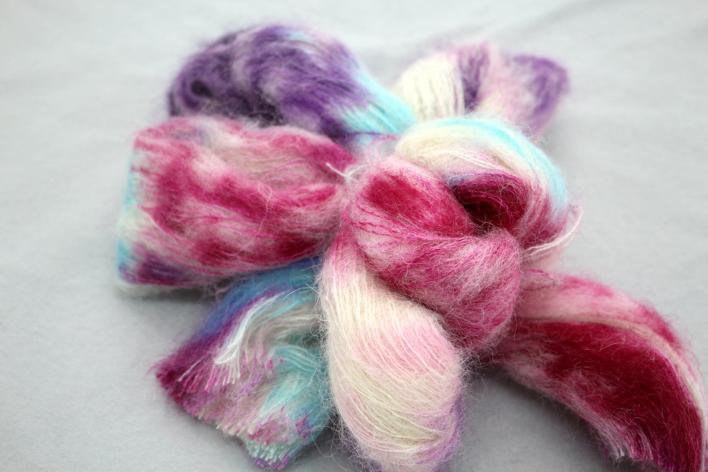 Hand Dyed Fluffy Fiber Bundle – Pink Purple Aqua Art Yarn Roving, No Label, Soft Craft Fiber