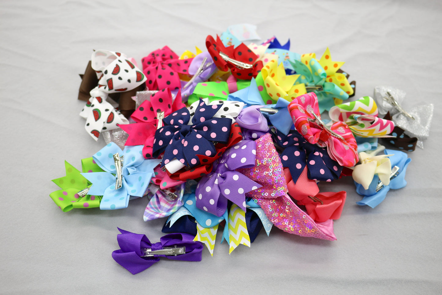 Large Lot of Girls Hair Bows – Colorful Clip-On Ribbon Bows – Polka Dot, Sequin & Pattern Mix