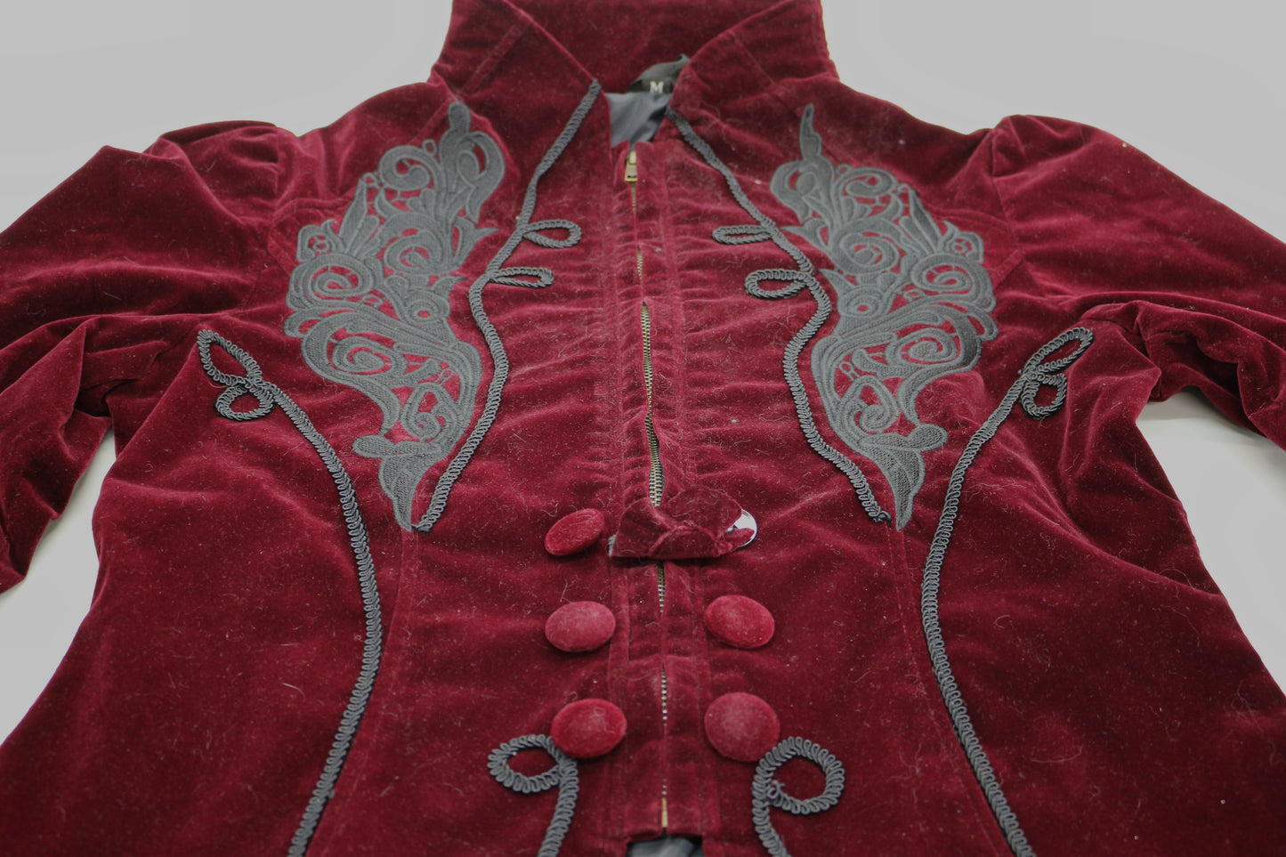 Vintage Red Velvet Jacket with Black Embroidery – Women’s Medium – Romantic Gothic Style