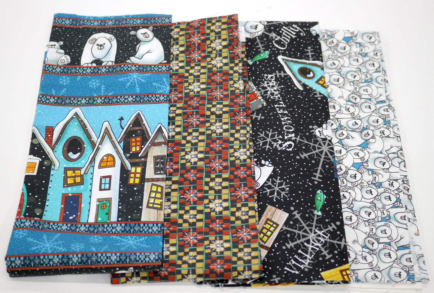 Snow Bears and Houses Cotton Fabric Bundle each piece 18" x 22"