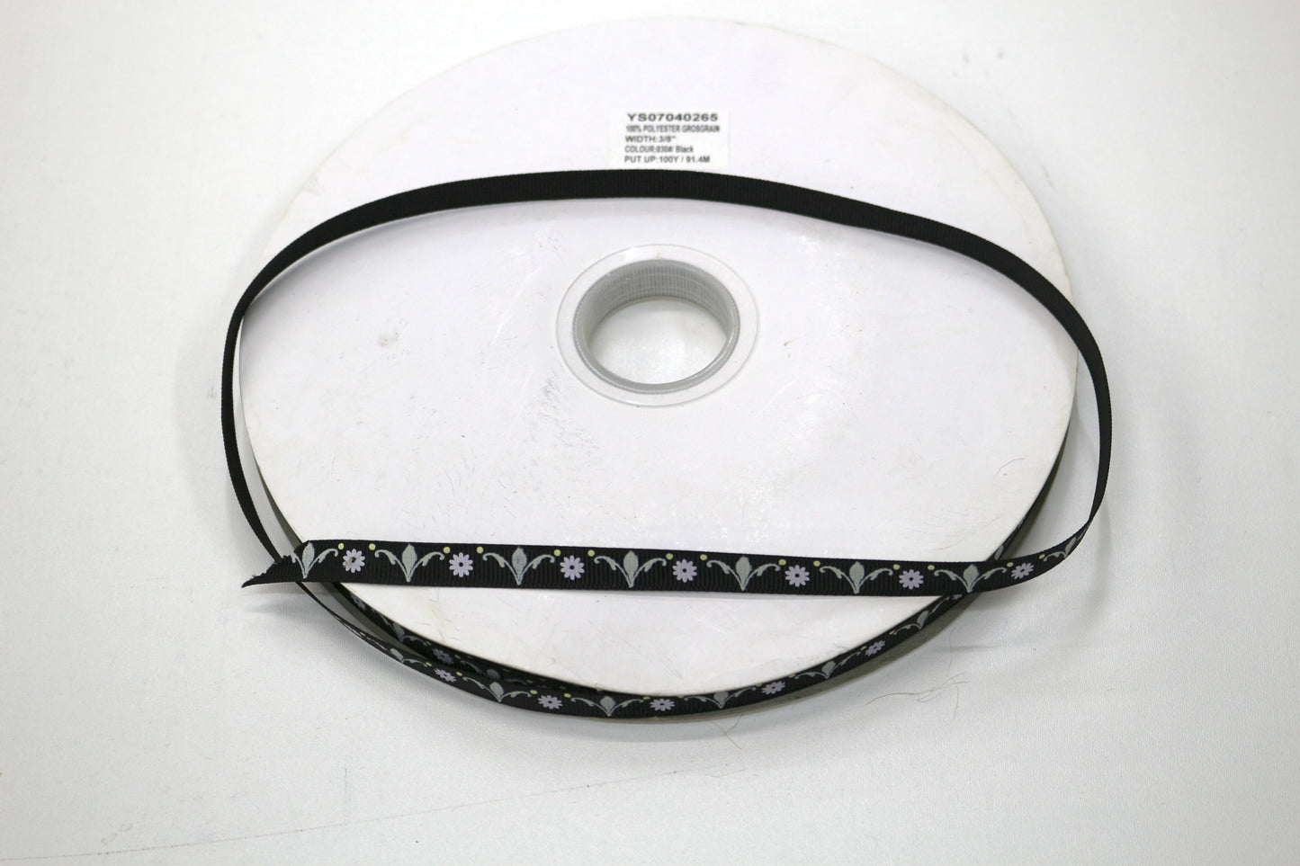 Black Ribbon with Flower Detail Roll (100 yds) 3/8"