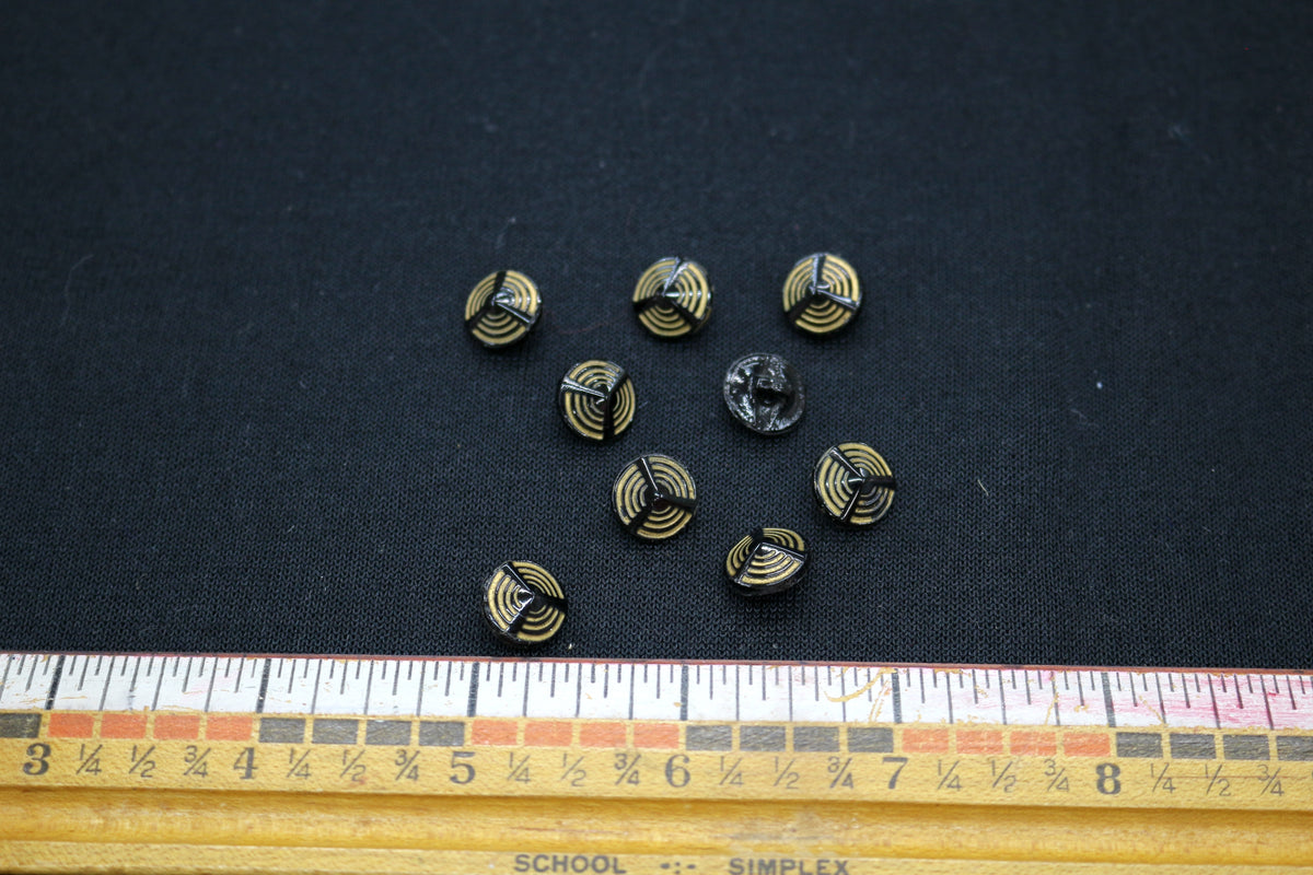 Set of 9 Black Glass Buttons with Gold Detail