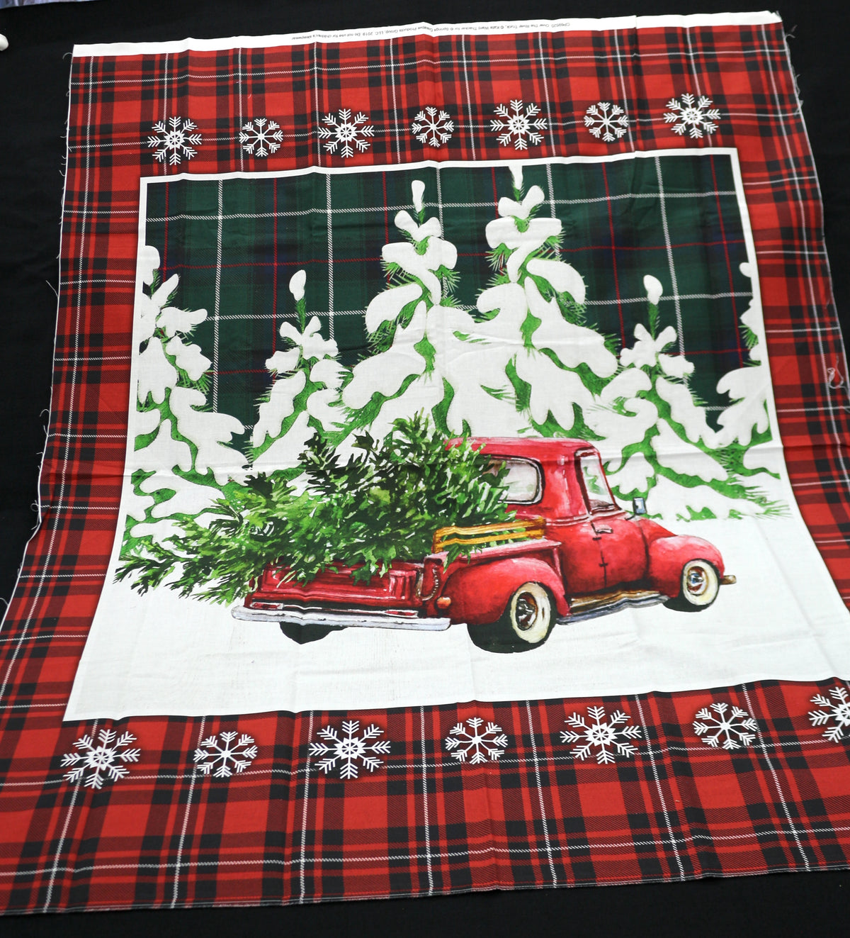 Little Red Truck Hauling Christmas Tree Sewing Panel