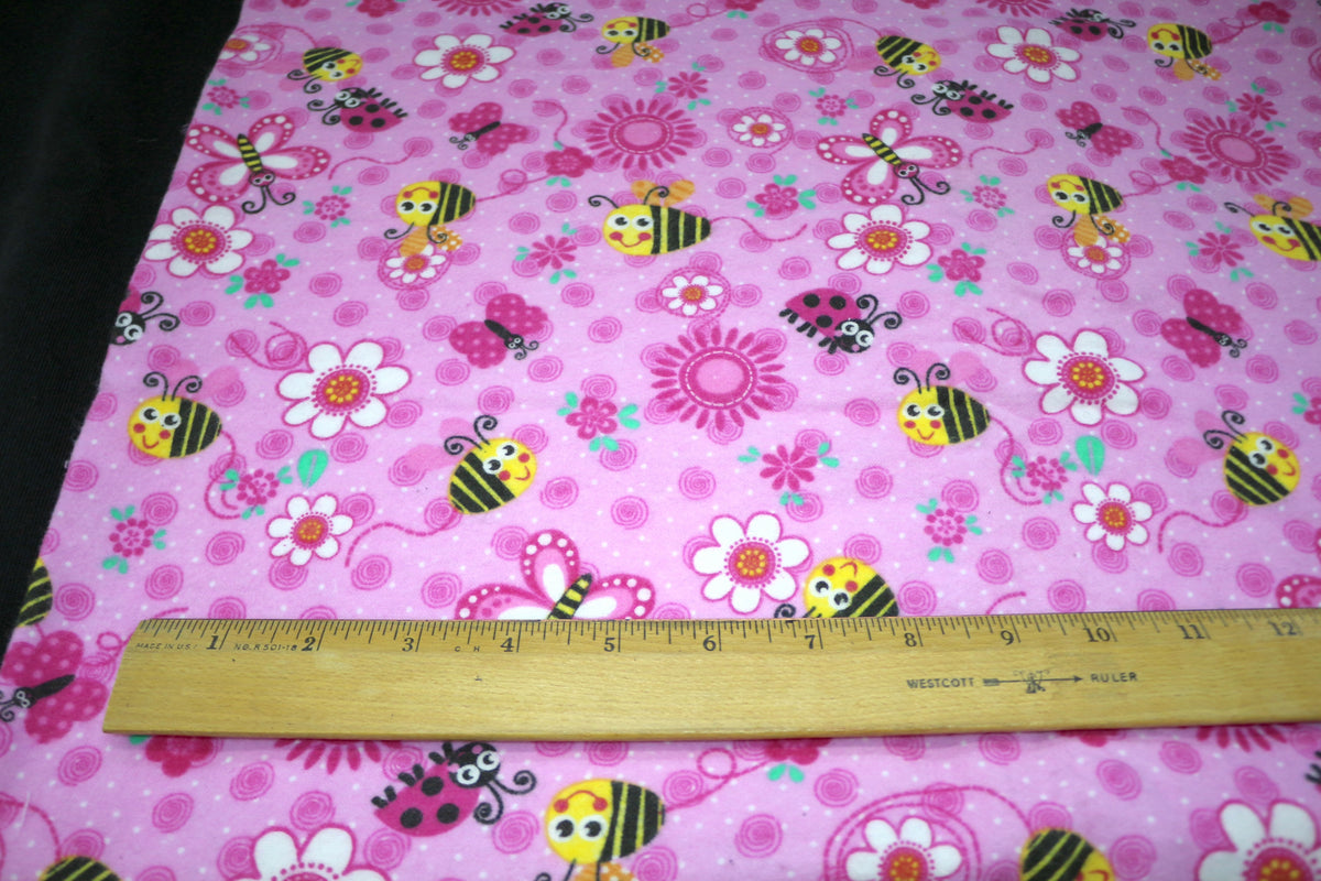 Pink Bees and Ladybugs Flannel Fabric 44" x 2 yds
