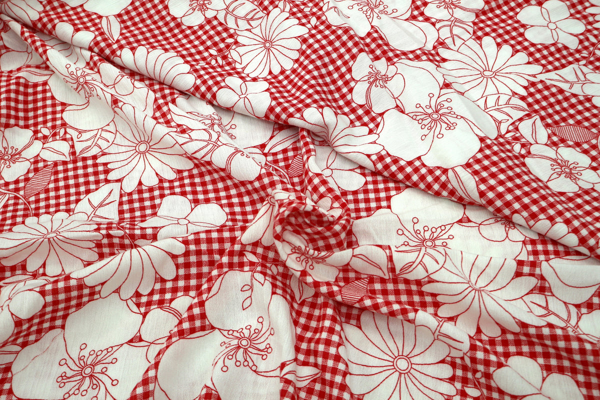 Red and White Flowered Check Cotton Blend Fabric 56" x 4.25 yds