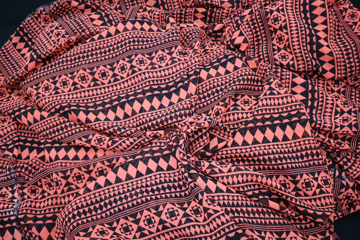 Sheer Neon Orange and Black Aztec Design Fabric 58" x 10+ yds