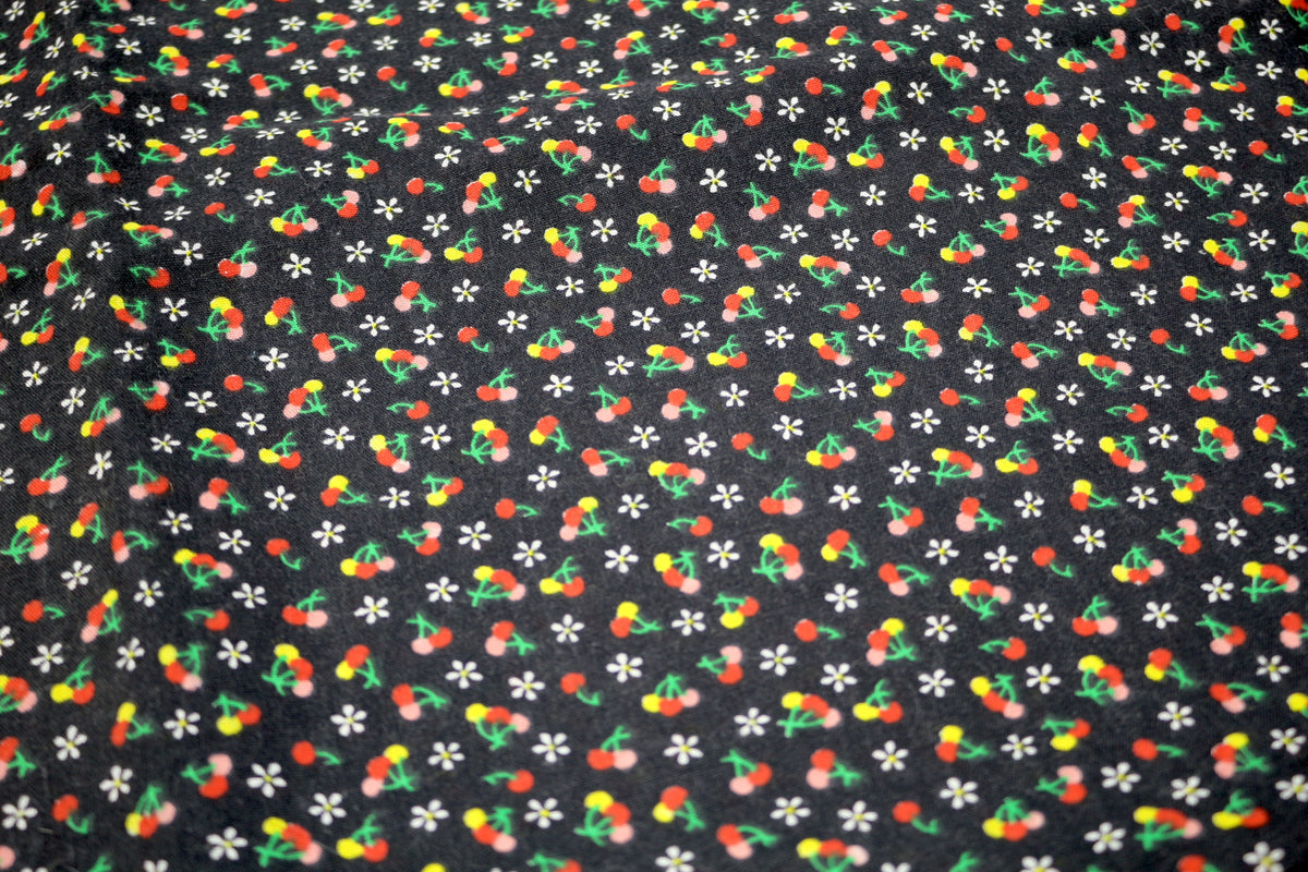 Black Cotton Fabric with Cherry Design 45" x 1.5 yds