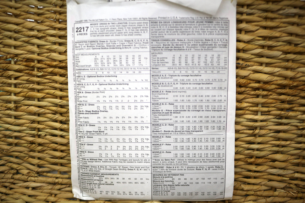 McCalls 2217 Misses Dress Sewing Pattern size 6-10