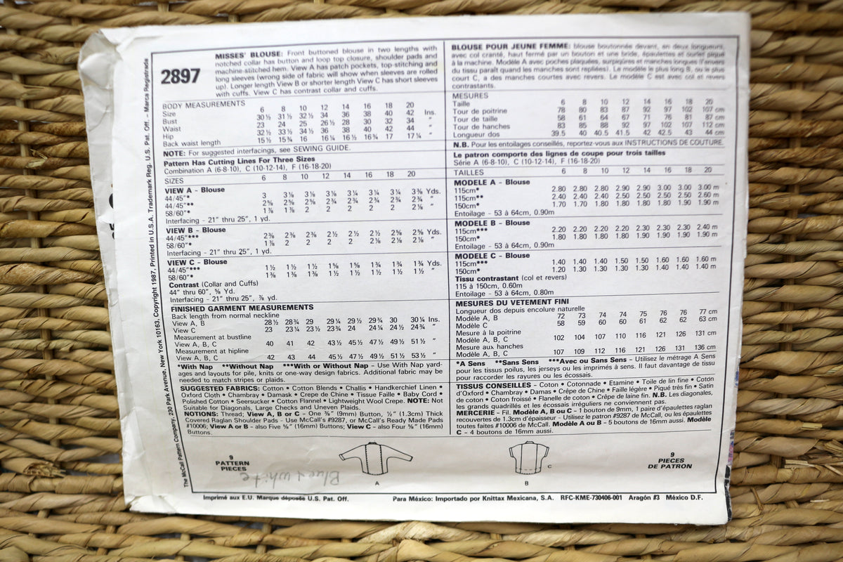 McCalls 2897 Misses Blouse Sewing Pattern size 10-14