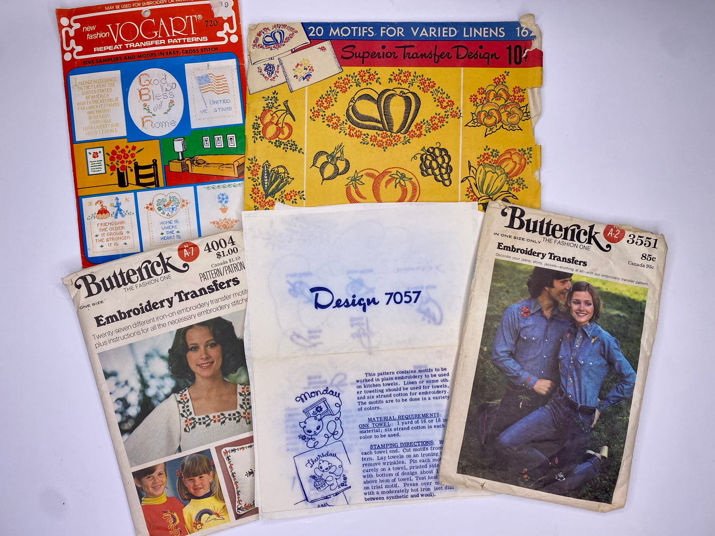 Vintage Embroidery Patterns, Vogart 720, Buterick 4004, Design 7057, Superior Transfer Design, Butterick 3551