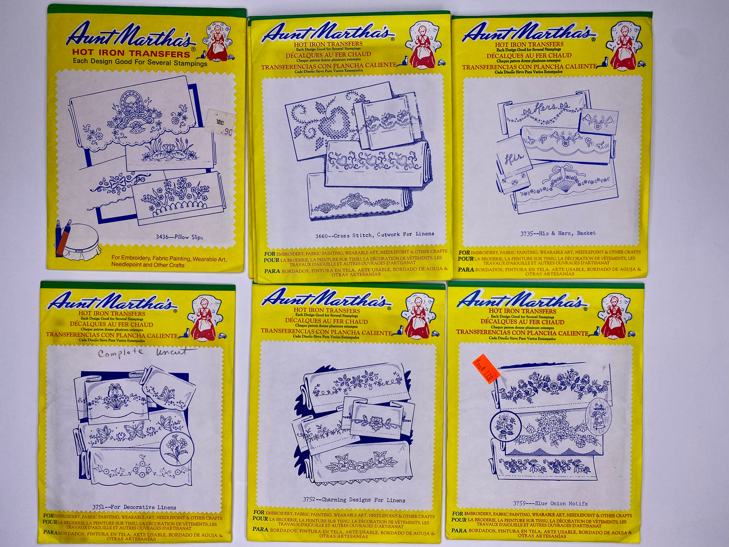 Aunt Martha's Hot Iron Transfers 3436 Pillow slips, 3751 Decorative Linens, 3660 Cross Stitch , 3752 Charming Designs, 3735 His & Hers, 3759 Blue Onion