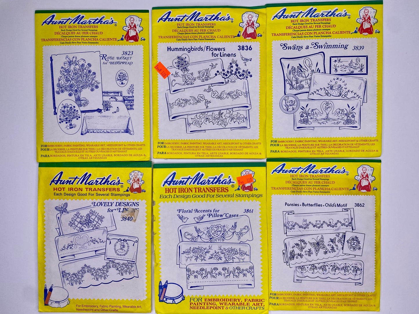 Aunt Martha's Hot Iron Transfers 3823 Rose Basket, 3840 Lovely Designs, 3836 Hummingbirds/ FLowers, 3861 Floral Accents, 3839 Swans a Swimming, 3862 Pansies