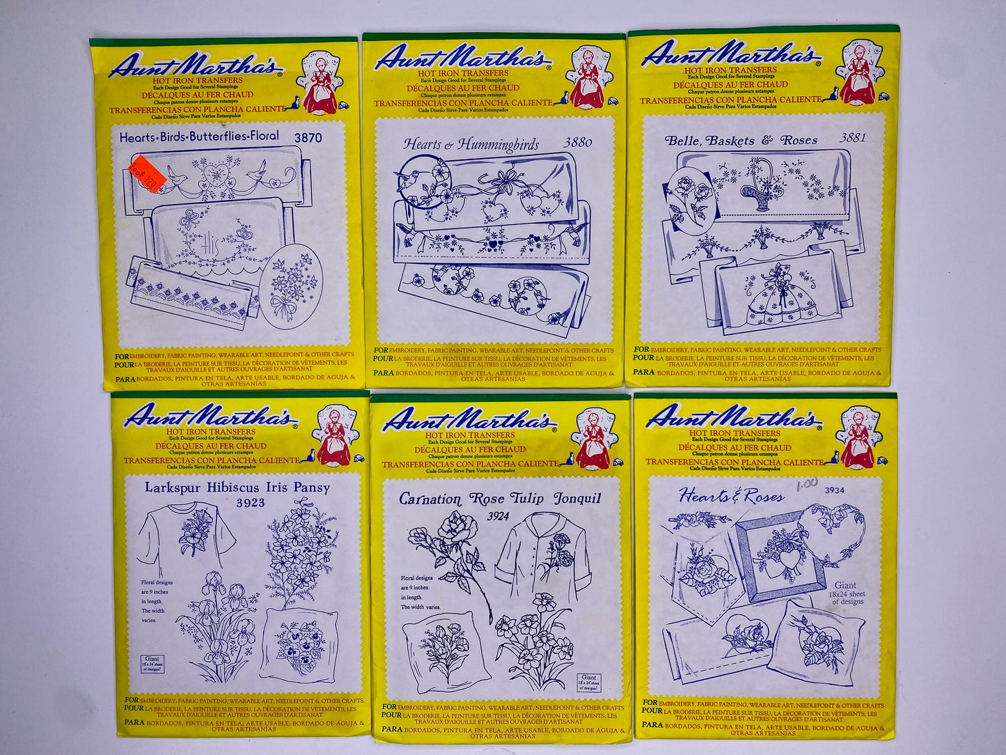 Aunt Martha's Hot Iron Transfers 3870 Hearts/Birds/Butterflies, 3923 Larkspur Hibiscus/ Iris Pansy, 3880 Hearts & Hummingbirds, 3924 Carnation Rose, 3881 Belle/ Baskets, 3934 Hearts & Roses