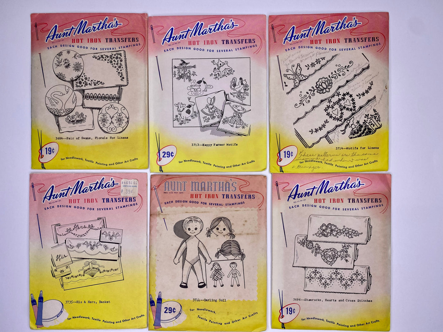 Aunt Martha's Hot Iron Transfers 3684 Pair of Swans, 3735 His & Hers, 3713 Happy Farmer, 3744 Darling Doll, 3714 Motifs, 3696 Shamrocks