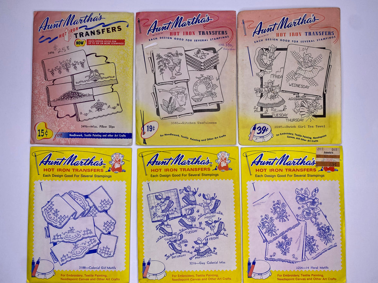 Aunt Martha's Hot Iron Transfers 3496 Pillow Slips, 3188 Colonial Girl, 3585 Kitchen Usefulness, 3216 Colonial Miss, 3597 Dutch Girl, 3254 Floral